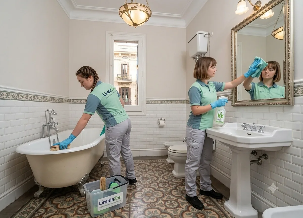 Equipo profesional limpiando bañera, espejo, lavabo y suelos en Ciutat Vella, Barcelona